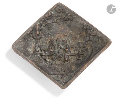 an image of a bronze plaque depicting a group of people in a field