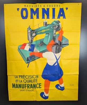 une vieille affiche représentant une femme travaillant à une machine à coudre