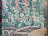 an oil painting of a garden scene with a trough and flowers
