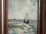 une peinture représentant un voilier en pleine mer, avec le ciel en arrière-plan