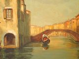 a painting of a gondola going under a bridge