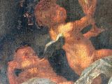 a painting of a baby holding a cup in a bed