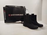 pair of black leather boots with redskins logo on the side