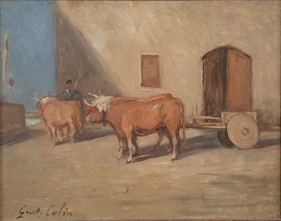 painting of a couple of cows pulling a cart down a street