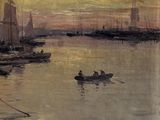 a painting of boats in the water at sunset