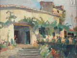an oil painting of a house with a garden in front of it