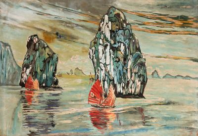 a painting of a group of rocks in the water