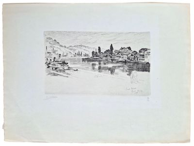 dessin représentant une vue d'une ville depuis un bateau sur une rivière