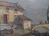 tableau représentant un tableau dans lequel figurent une maison et un pont devant un bâtiment