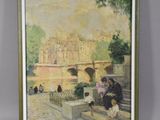 an image of a painting of people sitting on steps near a bridge