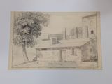 an old drawing of a building with a tree in front of it