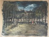 tableau représentant une scène de rue avec des passants et une calèche