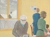 une peinture représentant un groupe de personnes assises à une table