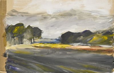 l'image d'un tableau représentant un paysage avec des arbres en arrière-plan