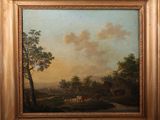 an image of a painting of a farm scene with cows in the foreground