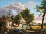 tableau représentant une scène rurale avec une rivière et une petite maison de campagne