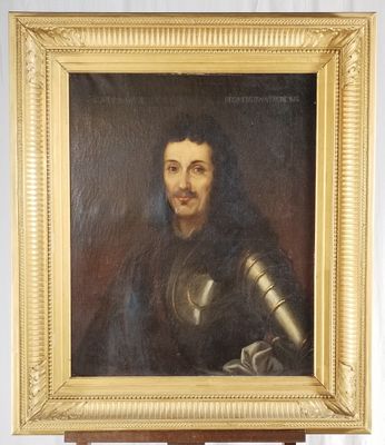 an oil painting of a man in armor holding a sword