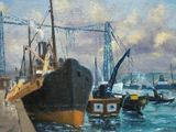 a painting of a boat docked at a dock