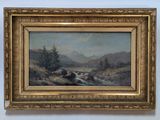 une peinture à l'huile représentant un paysage de montagne avec une rivière au premier plan et des arbres au premier plan