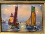 painting of sailboats in the water with a city in the background