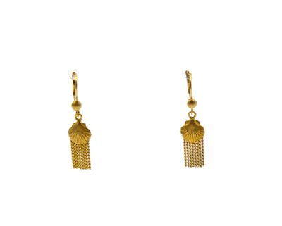 a pair of gold earrings with tassels hanging from them