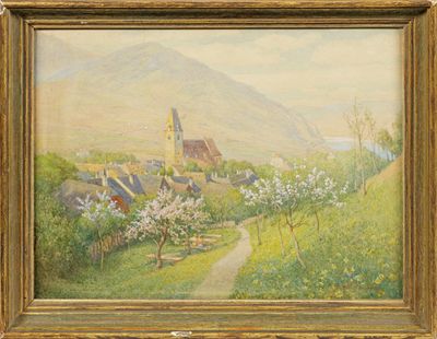 an image of a painting of a village with a church in the background