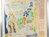 painting of a vase of flowers in front of a window with a view of the ocean