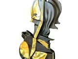 a statue of a knight with a sword on a stand