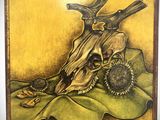 peinture représentant un crâne et un tournesol sur fond jaune