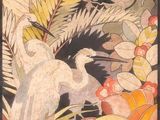 une image représentant un tableau représentant des oiseaux et des fleurs, dans un cadre noir