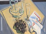 a painting of grapes and a pitcher on a table