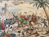 a picture of a painting of a battle with men on horses