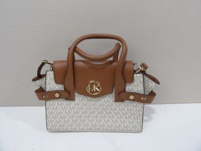 michael korsh signature handbag in tan and white