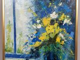 a painting of a vase of flowers sitting on a table in front of a window