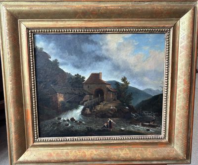 an oil painting of a river scene with a castle in the background