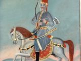 painting of a man riding a horse with a bow and arrow