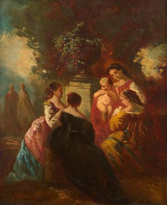 une image représentant un tableau où l'on voit un groupe de femmes assises sur un banc