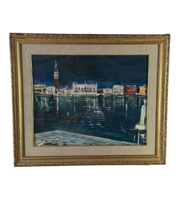 an oil painting of a view of a city with a clock tower in the distance