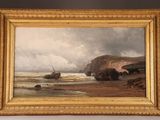 an oil painting of a boat on a beach near a cliff