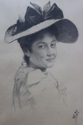 dessin au crayon représentant une femme coiffée d'un chapeau et d'une fleur dans les cheveux