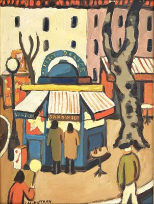 a painting of a street scene with people walking by