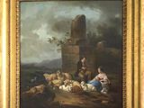 an old painting of a man and a woman with sheep in a landscape