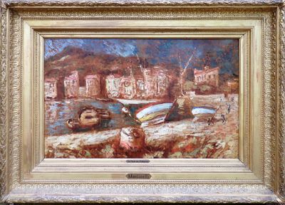 un tableau représentant des bateaux sur la rive, au bord de l'eau