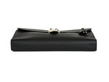 a black purse with a gold clasp on the front