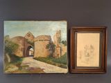 two paintings of old buildings and a painting of a castle