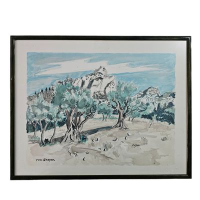 painting of a landscape with trees and mountains in the background