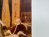 a painting of a man sitting in a chair with a dog