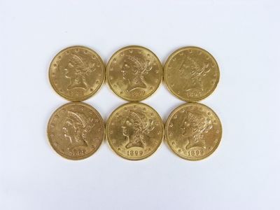 6 pièces de 10 dollars or Liberty, 1881, 1894, 1894 et 1899 (x3)