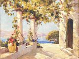 une peinture à l'huile représentant un porche orné de fleurs et offrant une vue sur l'océan