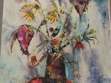 a painting of flowers in a vase on a table
